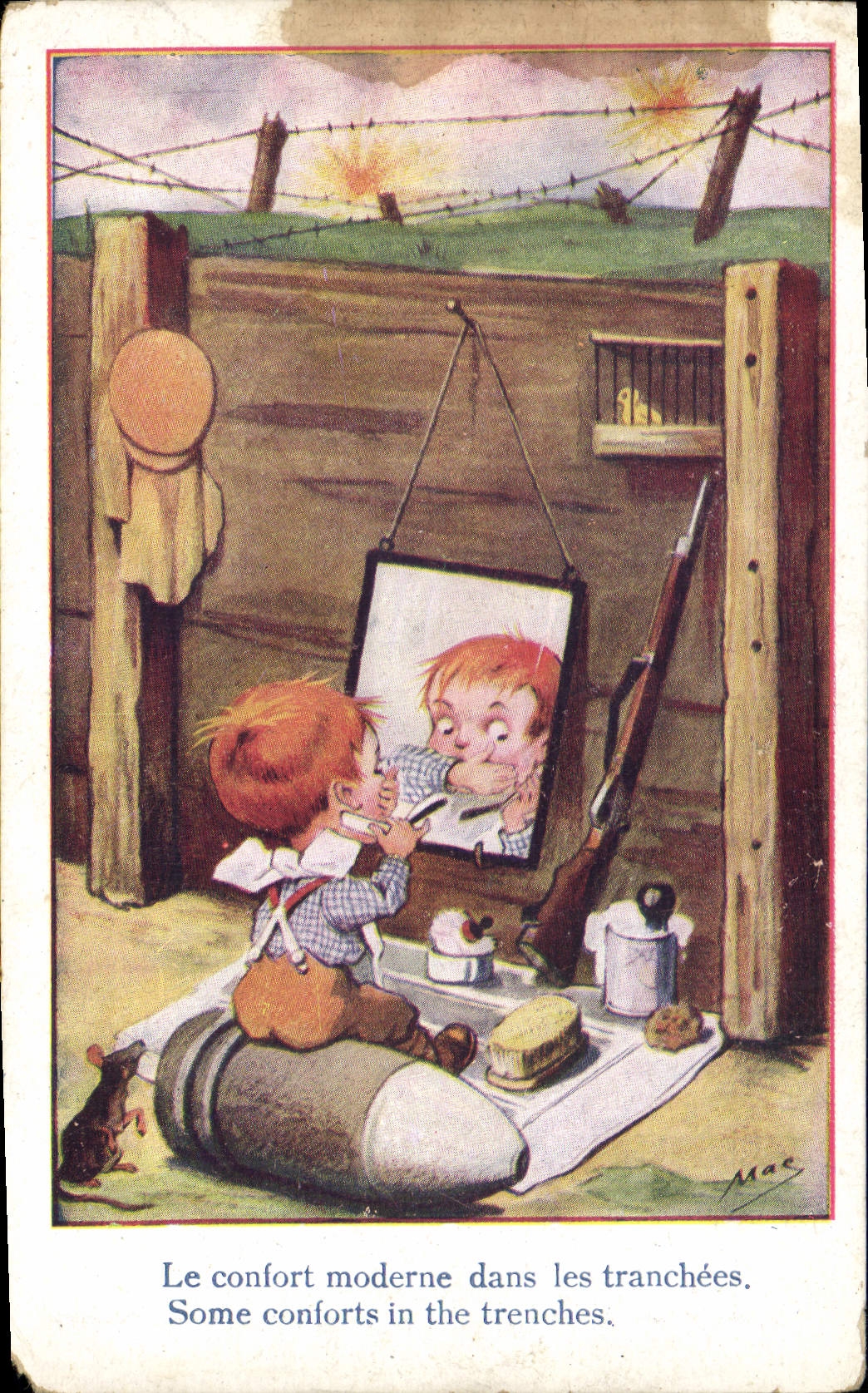 CPA Fantaisie Illustrateur Enfant Tranchee Souris