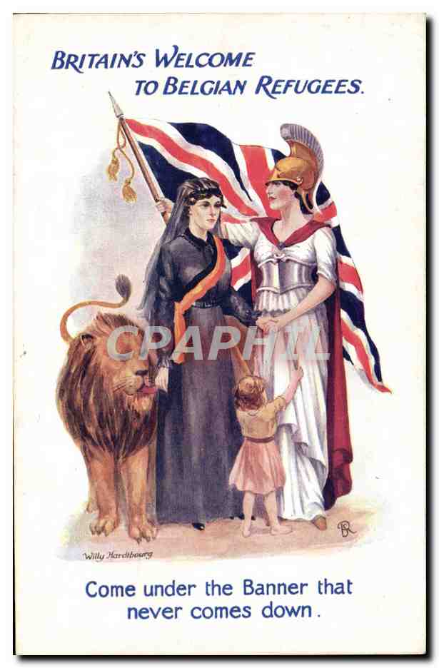 CPA Fantaisie Illustrateur Lion Belgian refugees Refugies Militaria 