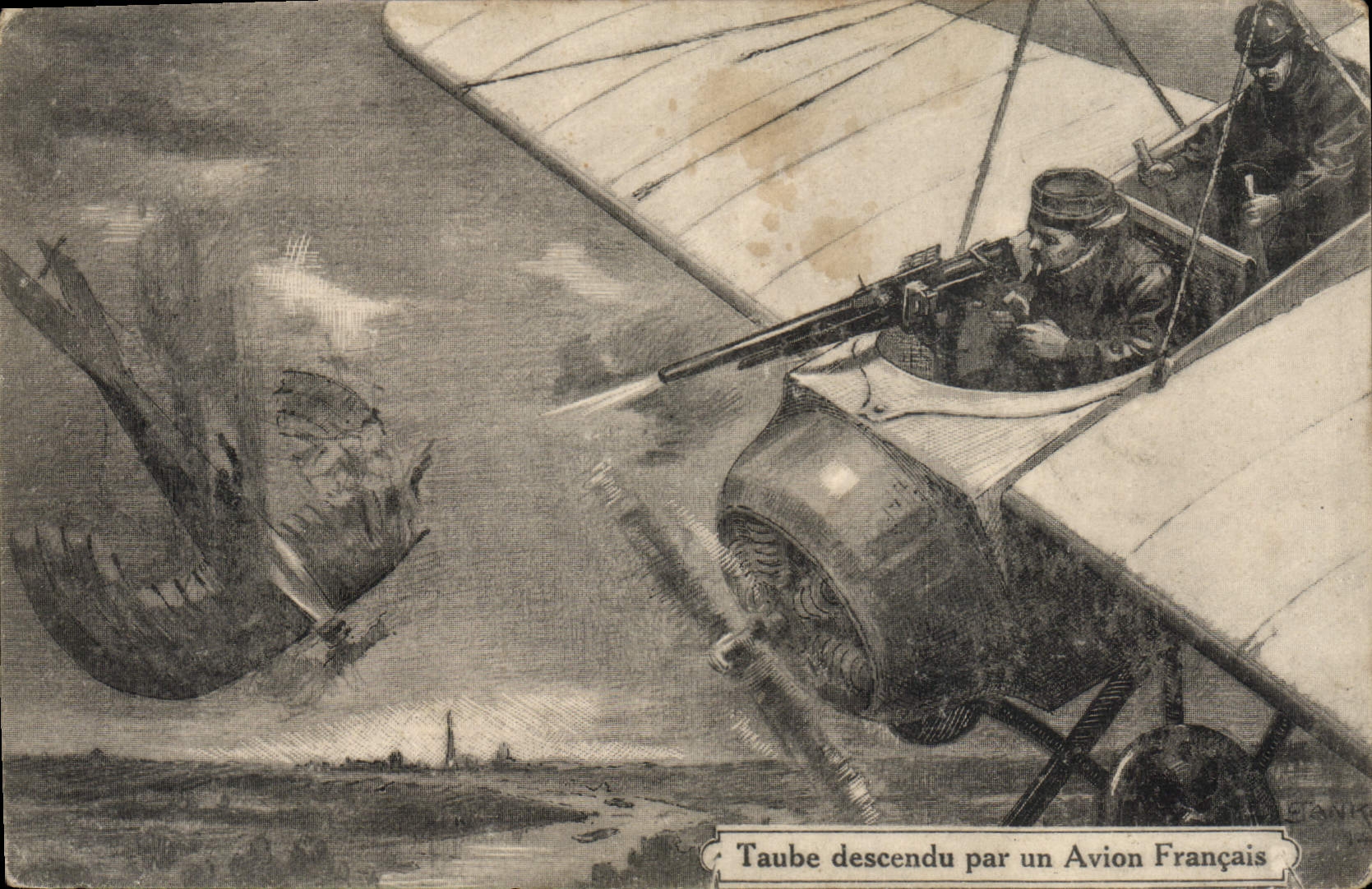 CPA Militaria Avion Aviation Taube descendu par un avion francais 