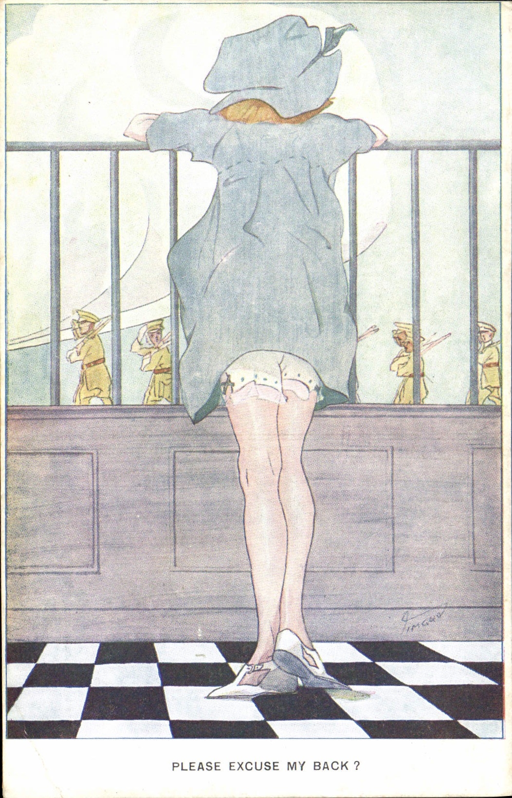 CPA Fantaisie Illustrateur Femme please excuse my back