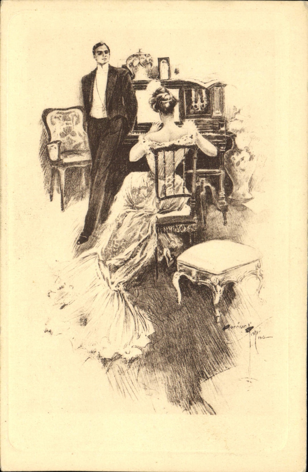 Parlorszene — Paar am Klavier — Zeichnung von Morrison, 1912