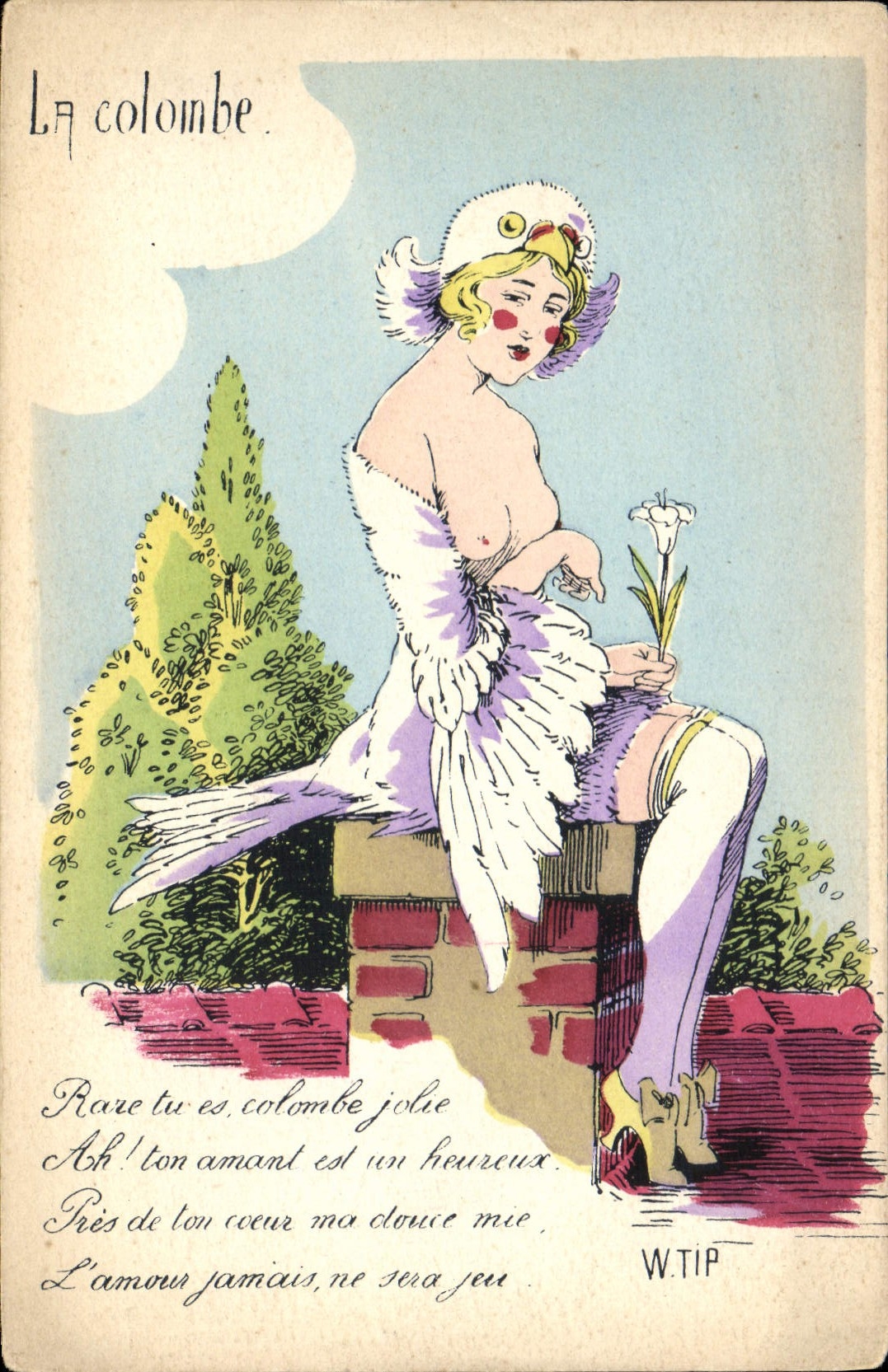 CPA Fantaisie Illustrateur La colombe Femmes a plumage Nu erotique