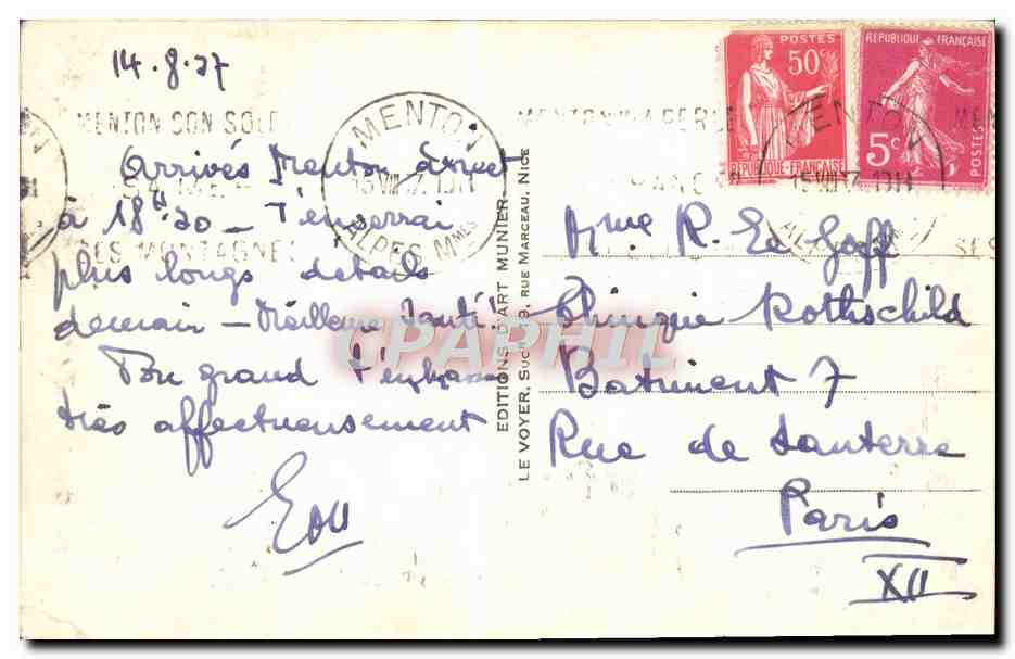 CPA Menton Vue Prise de Garavan — Rückseite
