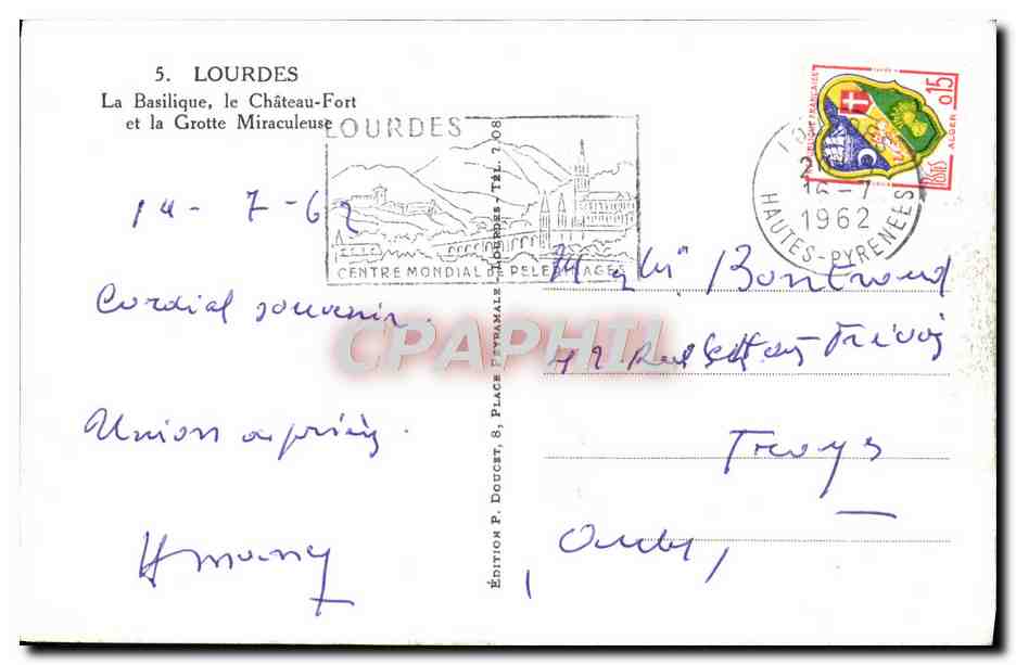 CPA Lourdes La Basilique le Chateau Fort et la grotte miraculeuse — Verso