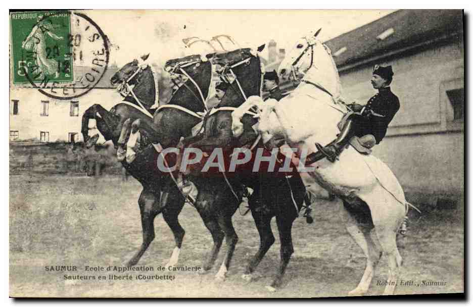 Saumur — École d'Application de Cavalerie — Sauteurs en liberté (Courbette) — Robin, Edit., Saumur