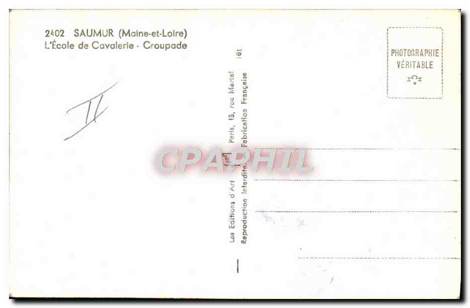 CPA Cheval Equitation Hippisme Saumur L'ecole de cavalerie Croupade  — Verso
