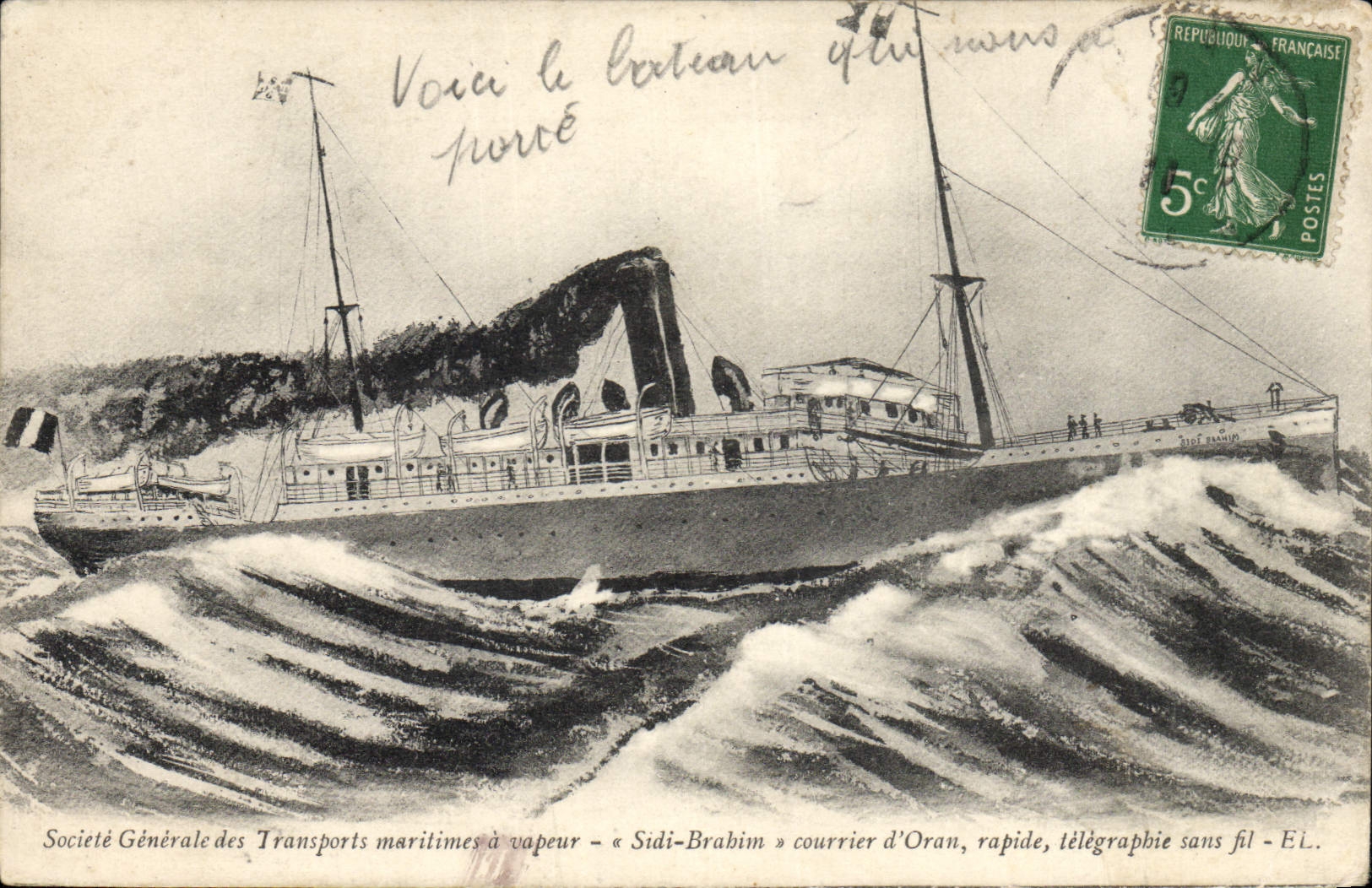 Sidi-Brabim — Courrier d'Oran, rapide, télégraphie sans fil — Société Générale des Transports maritimes à vapeur
