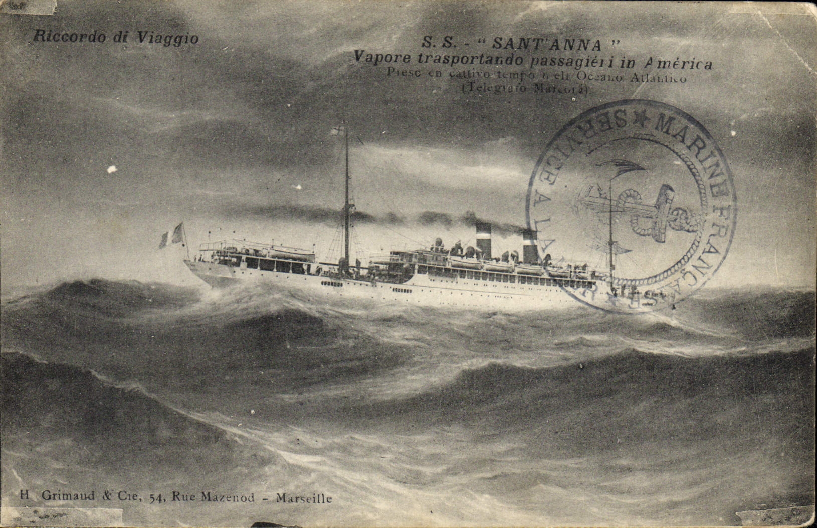 S.S. "SANT'ANNA" — vapeur transportant des passagers en Amérique — H. Grimaud & Cie, 54 Rue Mazenod - Marseille
