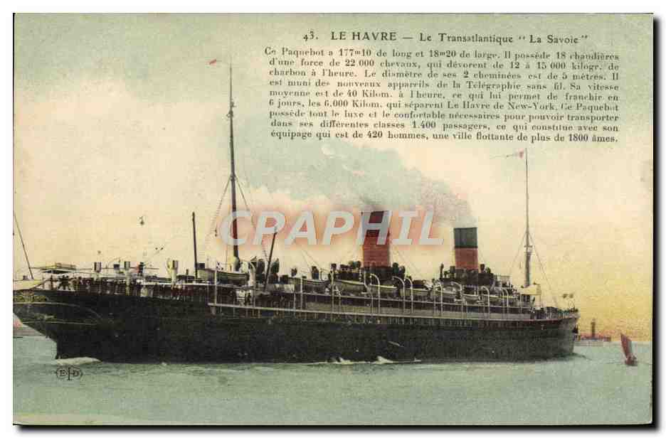 Tarjeta postal antigua Barco Le Havre Transatlántico La Savoie