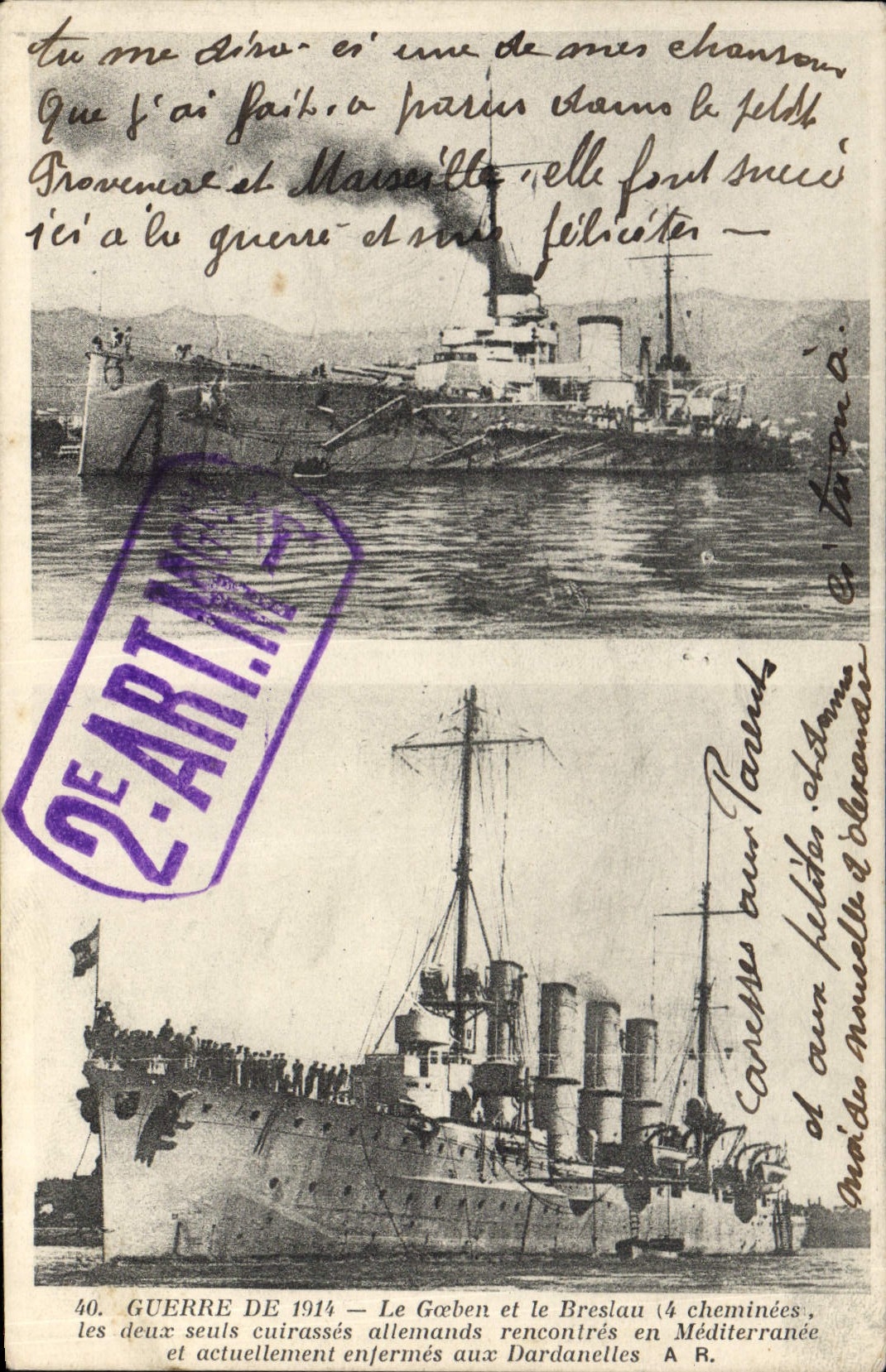 Guerre de 1914 — Le Goeben et le Breslau (4 cheminées), les deux seuls cuirassés allemands rencontrés en Méditerranée