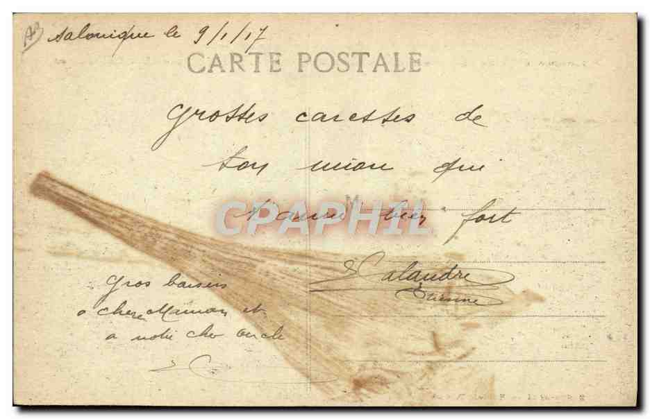 Prigionieri turchi in servizio forzato ai Dardanelli sotto la sorveglianza di un senegalese — Campagna d'Oriente 1914-1916 — H. Grimgaud, rue Mazenod, Marsiglia — Verso