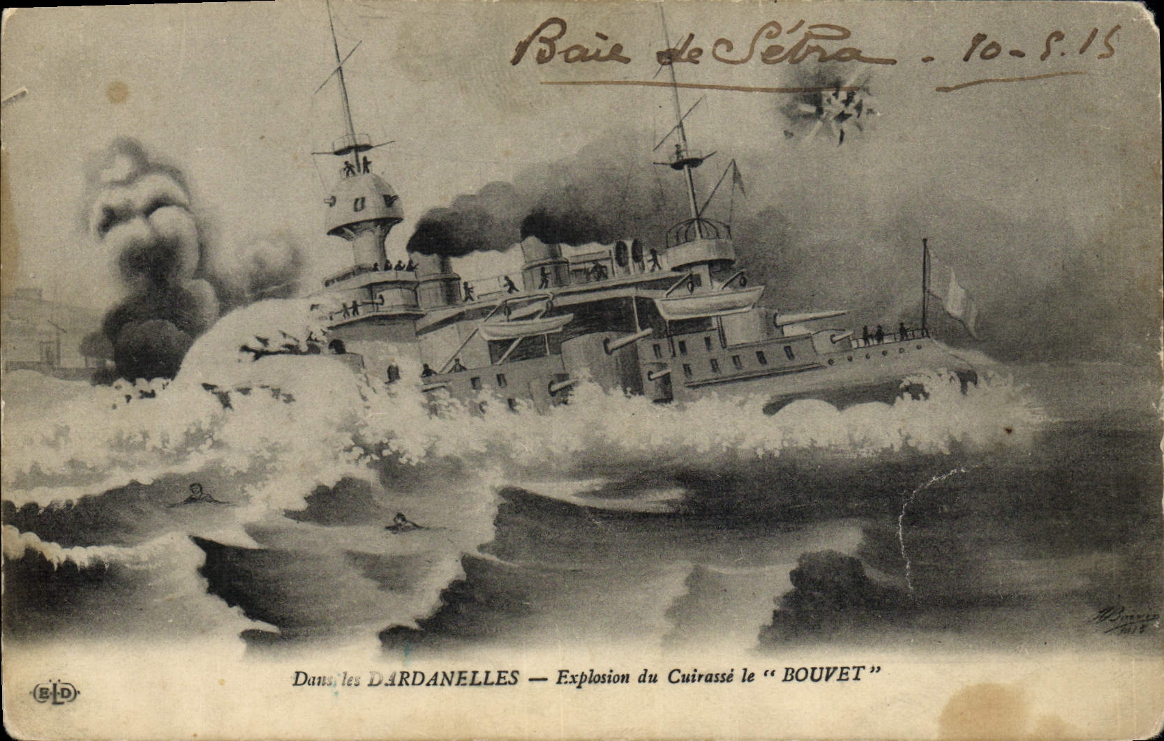 Dardanelles — Explosion du cuirassé "Bouvet" — E. De Quay, Imp. Édil., 127, boulevard de Sébastopol - Paris