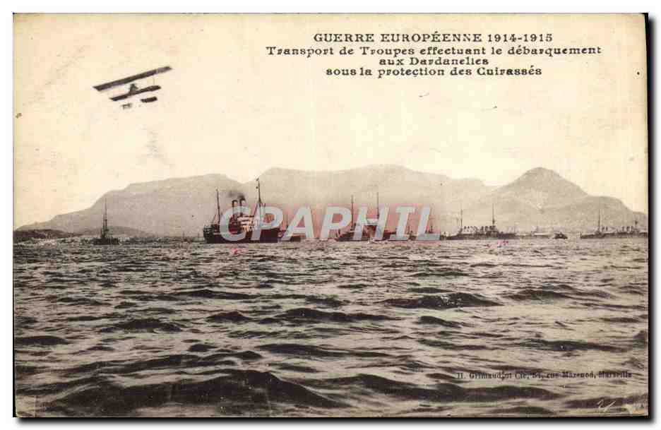 Dardanelles — Débarquement de troupes sous protection des cuirassés — N. Oylinaud, 61, rue Marseon, Marseille