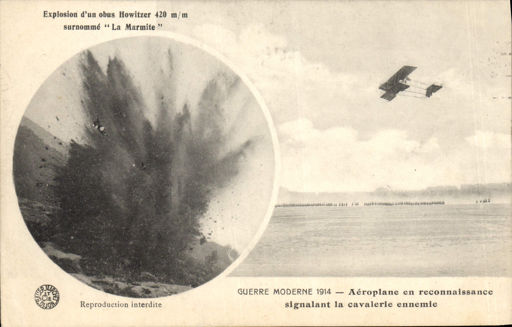 CPA Militaria Explosion d'un obus Howitzer 420mm surnomme La marmite Aeroplane en reconnaissance signalant la cavalerie
