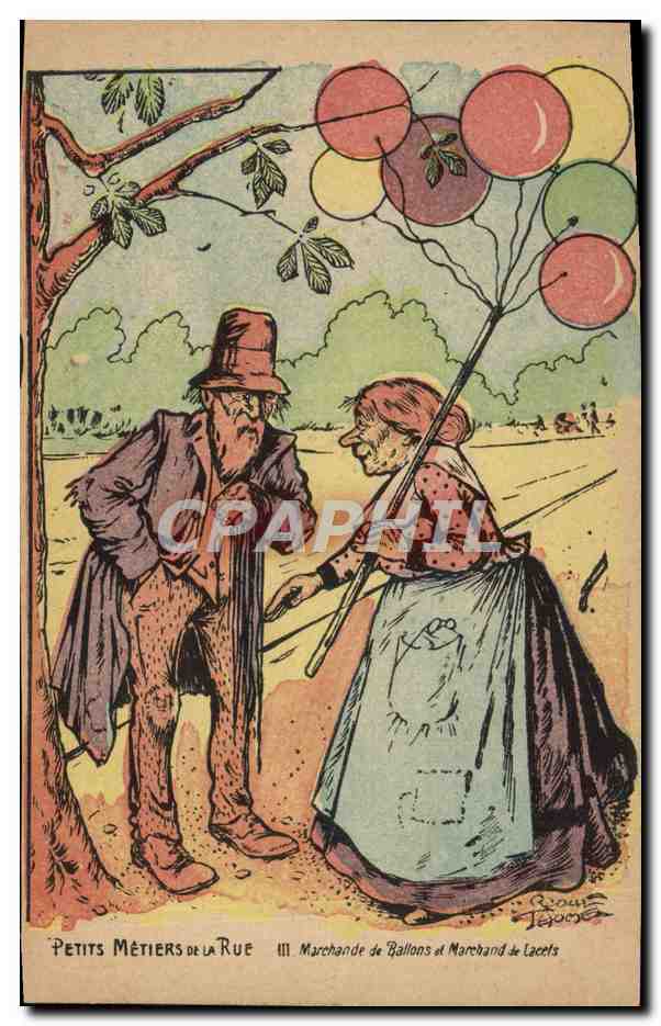 CPA Fantaisie Illustrateur Petits metiers de la rue Marchande de ballons et marchand de lacts 