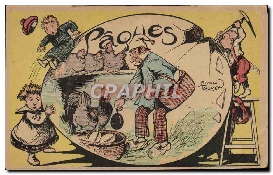 CPA Fantaisie Illustrateur Paques Poule Coq 