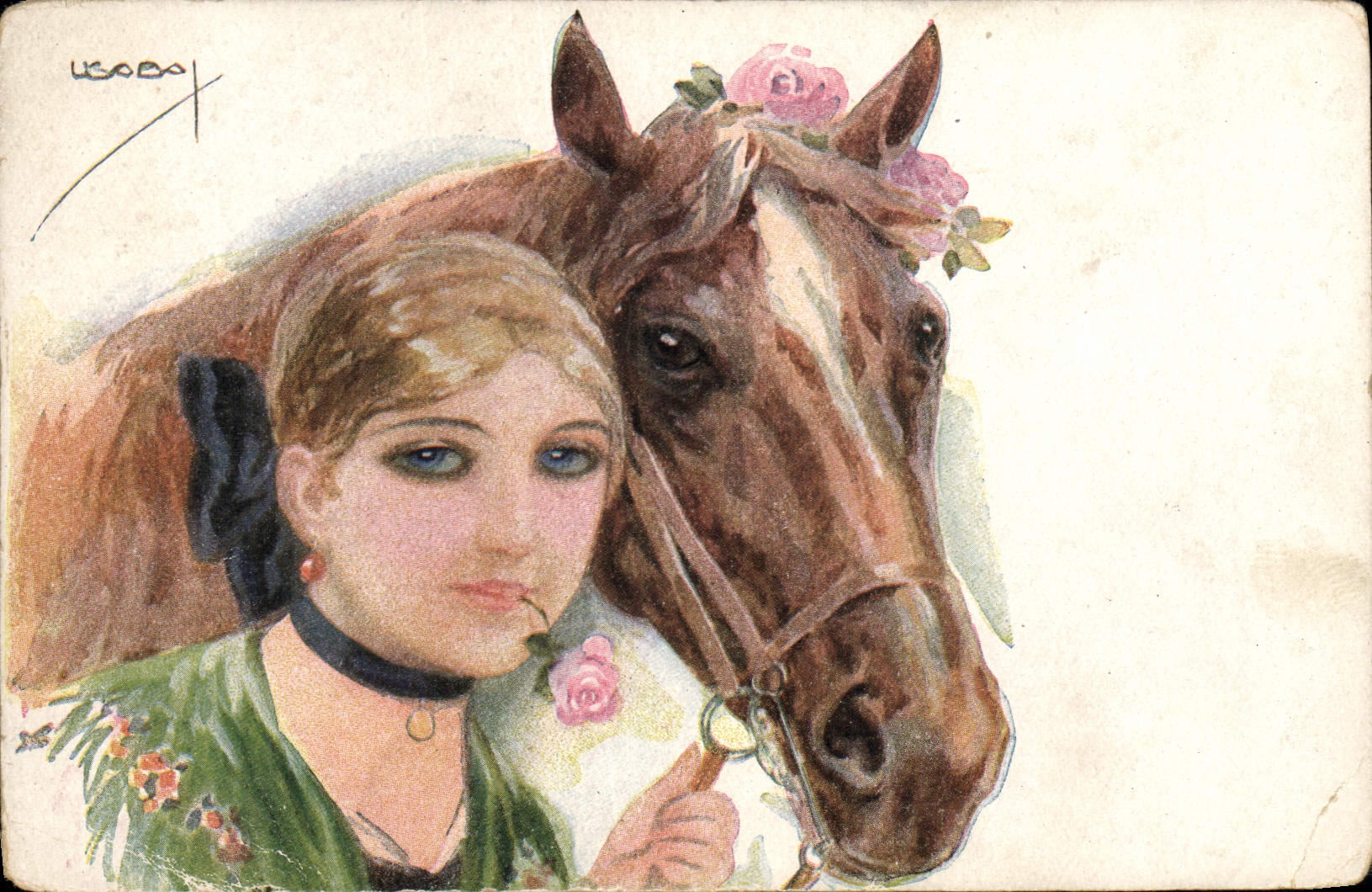 CPA Fantaisie Illustrateur Femme Cheval