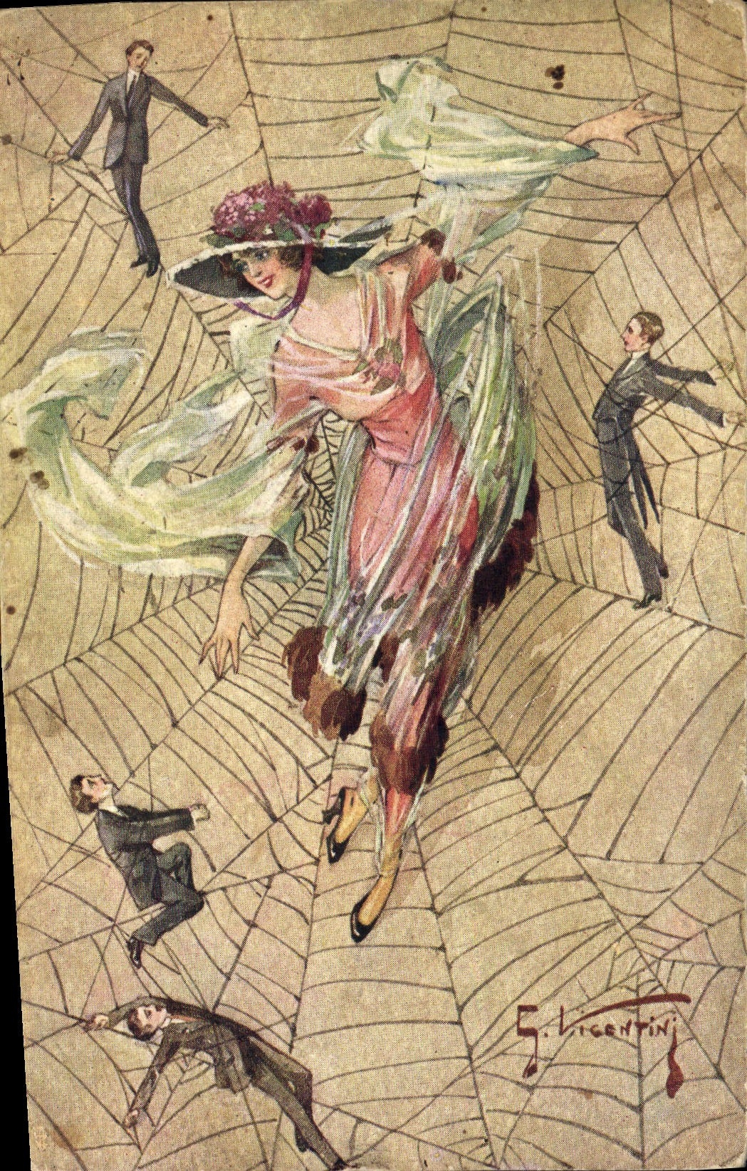 CPA Fantaisie Illustrateur Femme Toile d'araignee 