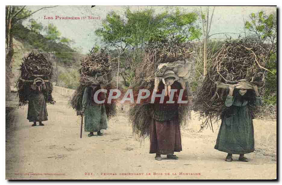 CPA Folklore Pyrenees Femmes descendant le bois de la Montagne TOP