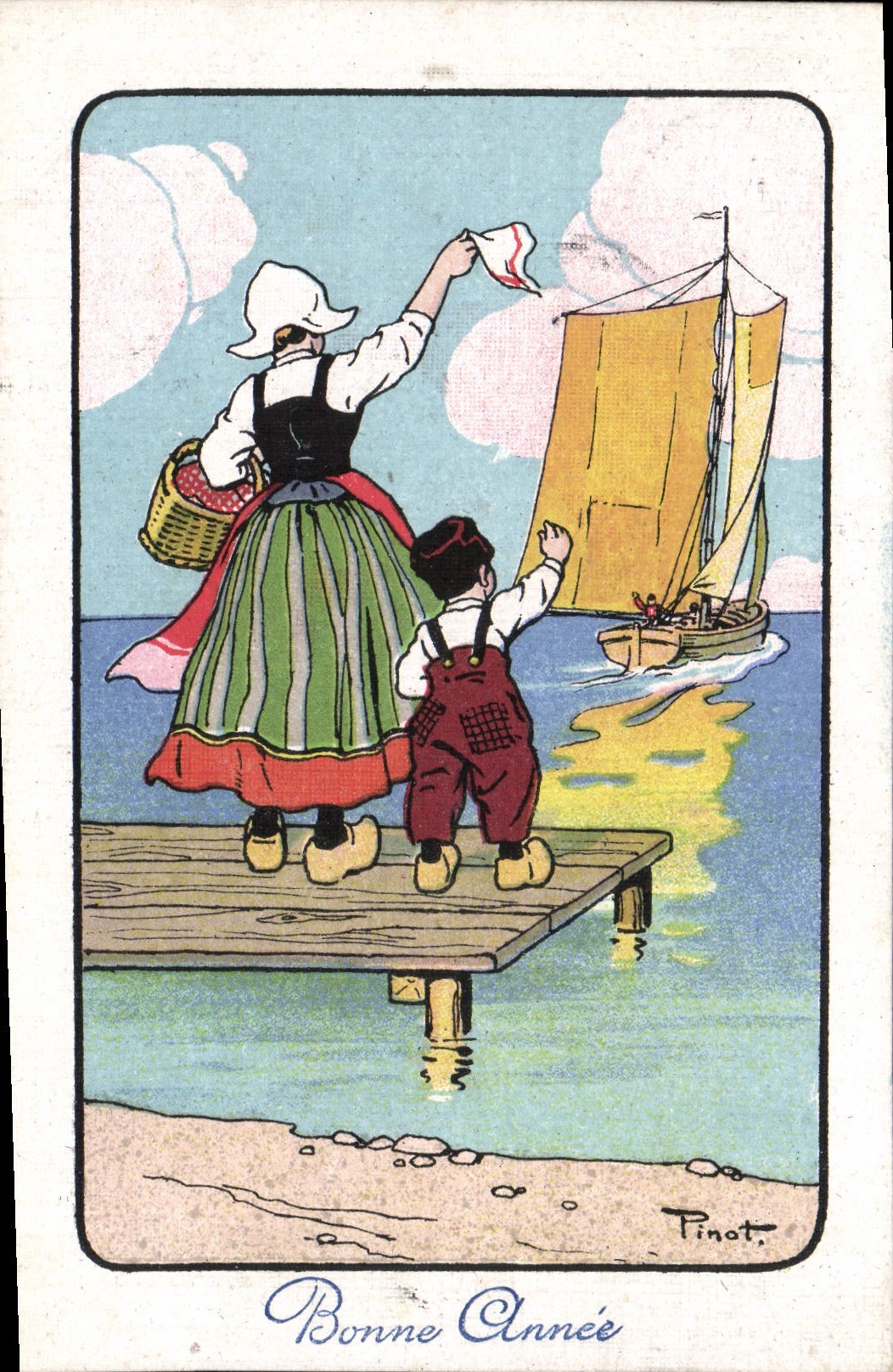Femme et enfant saluant un voilier — Bonne Année — Éditeur Tinot