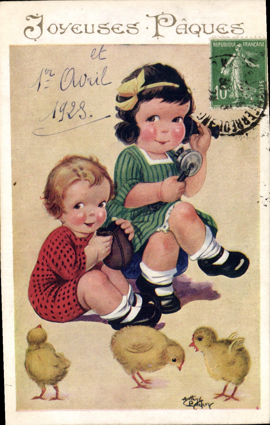 Deux enfants et poussins — Joyeuses Pâques et 1er Avril 1928 — Éditeur : Arthur