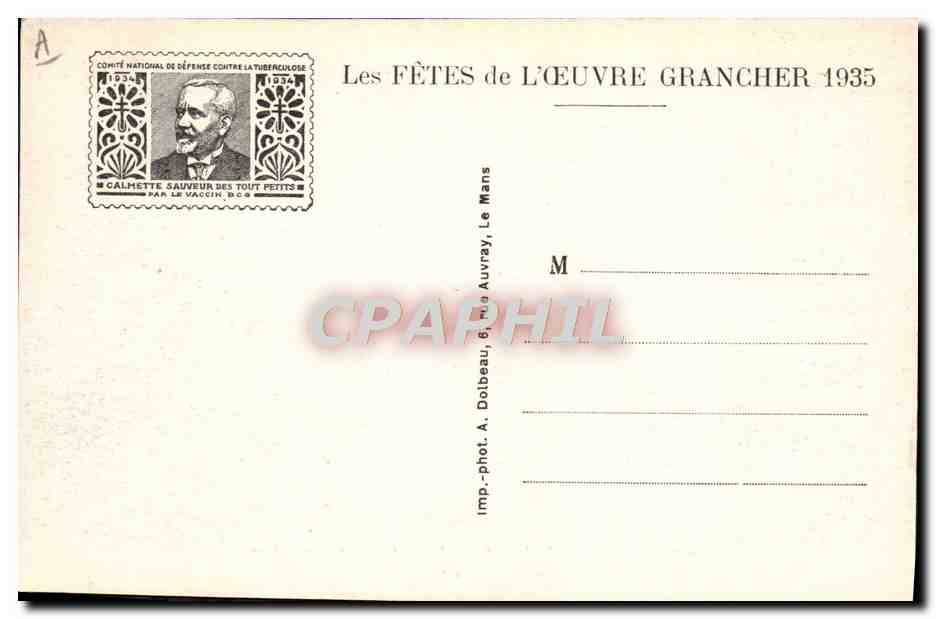 Bureaux de l'Association d'Hygiène, Œuvre Grancher — Timbre Anti-Tuberculeux — Éditeur : A. Dolbeau, Le Mans — Achterkant