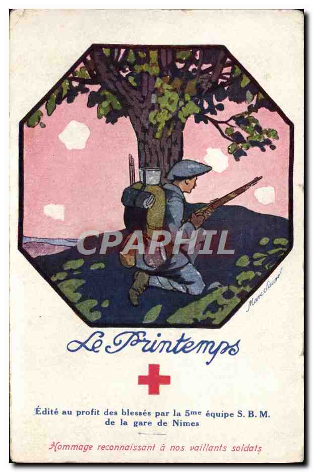 Soldat sous un arbre — Hommage à nos vaillants soldats — Édité par la 5me équipe S.B.M. de la gare de Nîmes