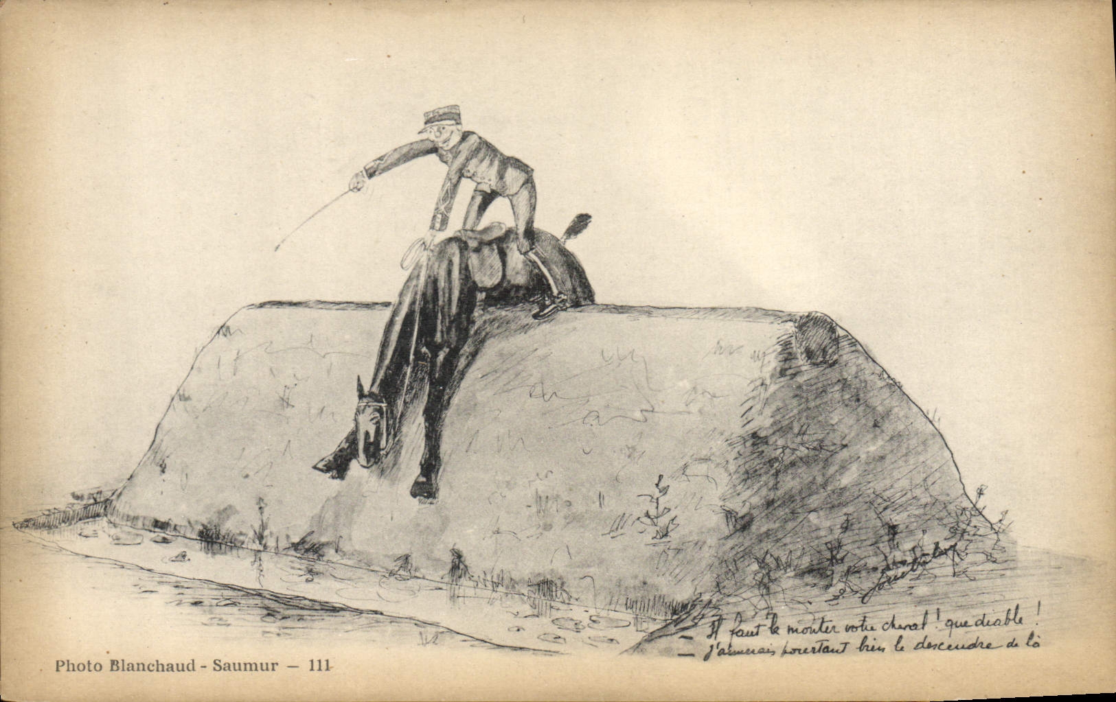 Cavalier sur un cheval — saut sur un tertre — Photo Blanchaud - Saumur - 111 - Anverso