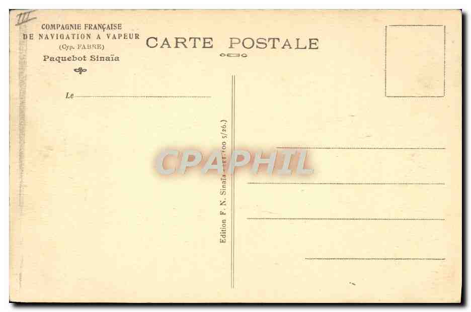 Paquebot Sinaïa — Compagnie Française de Navigation à Vapeur — Édition F. N. Sinaïa — Verso