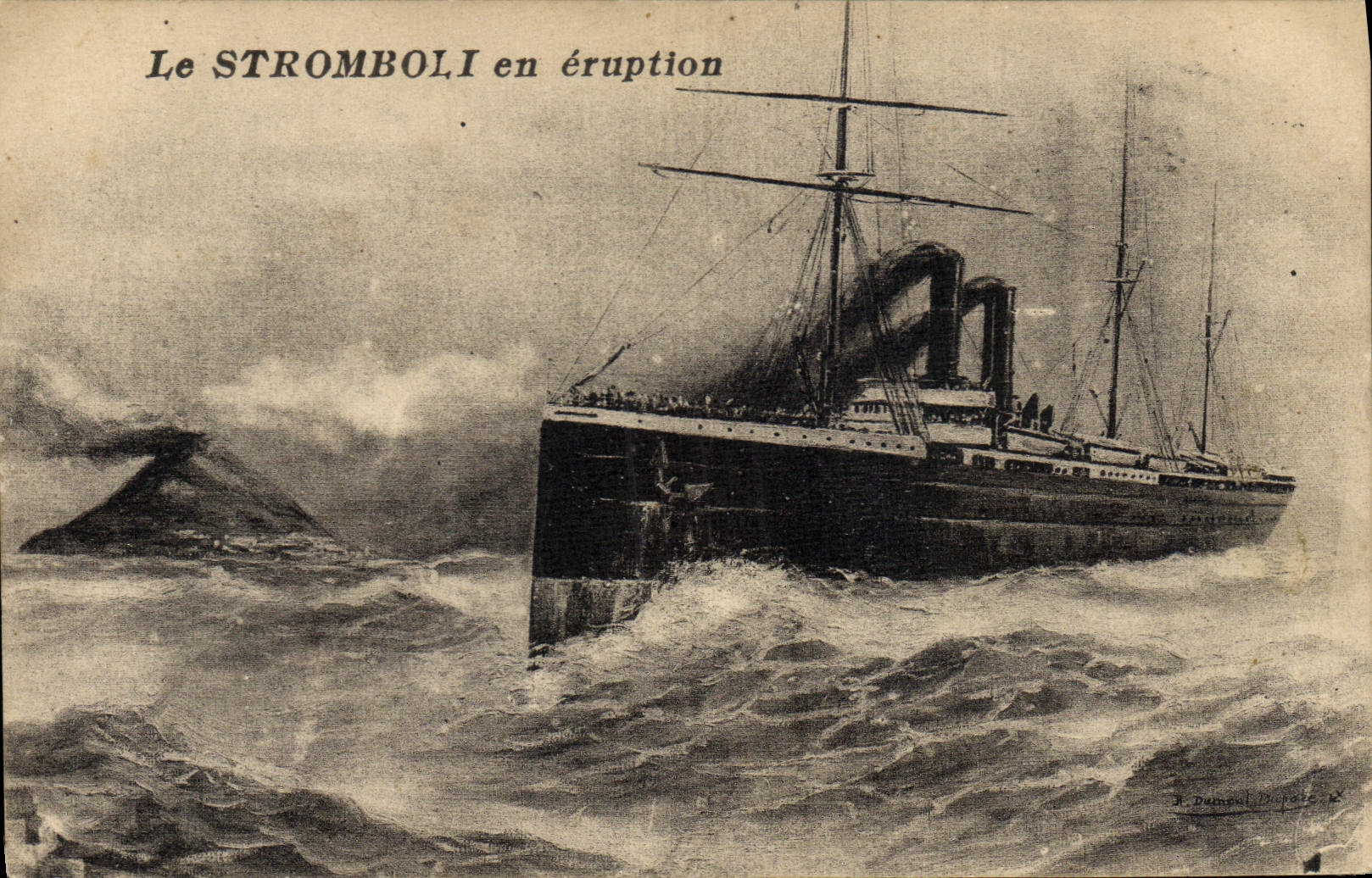 Le STROMBOLI en éruption — illustration maritime — J. Dumont, Béziers