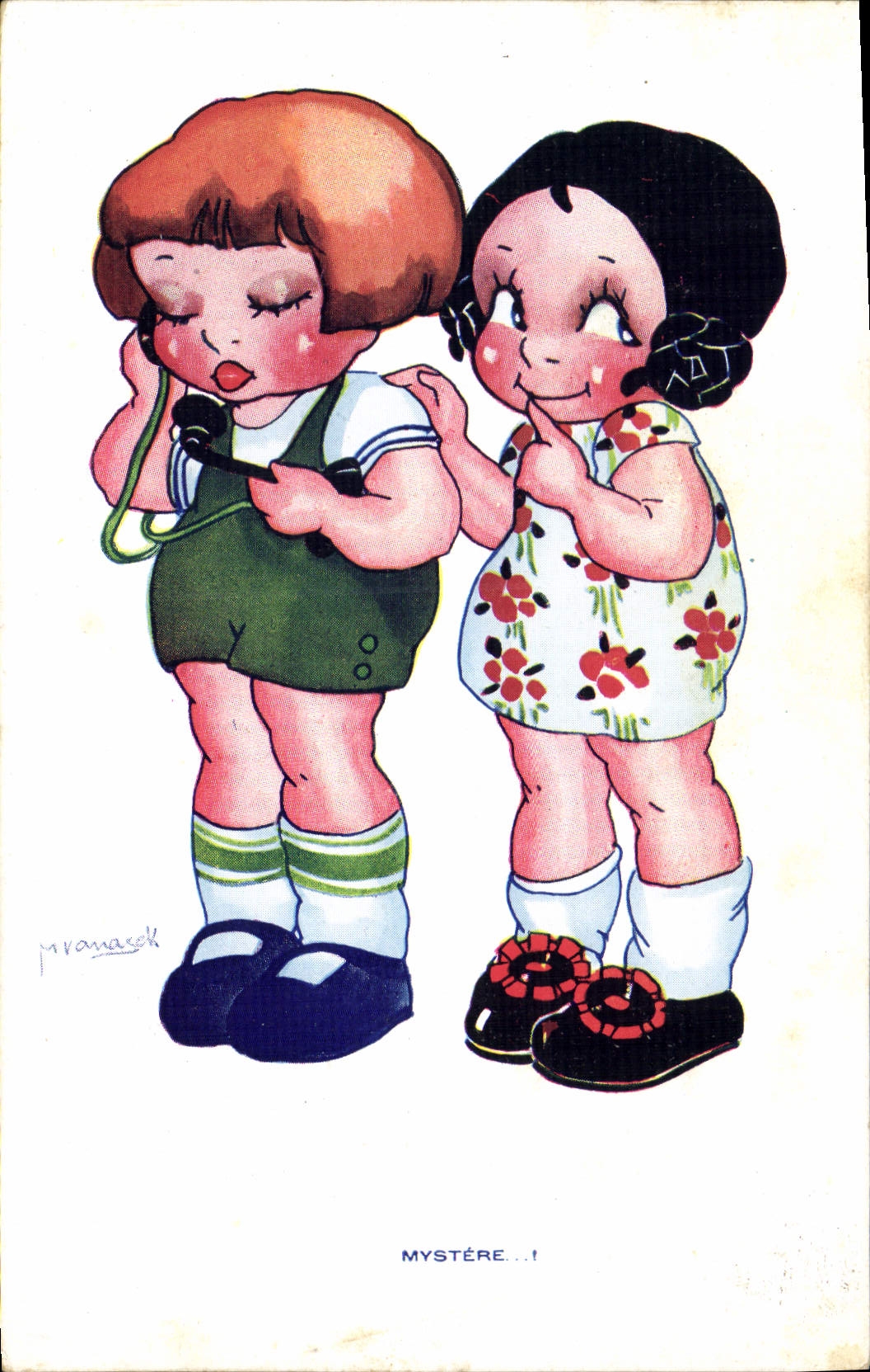 Deux enfants au téléphone — illustration de Pranacok — éditeur Pranacok, n° de série non visible