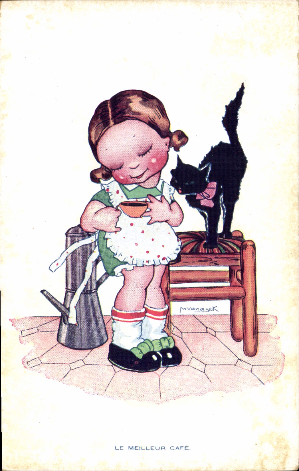 CPA Fantaisie Illustrateur Vanasek Enfant le meiller cafe Chat 