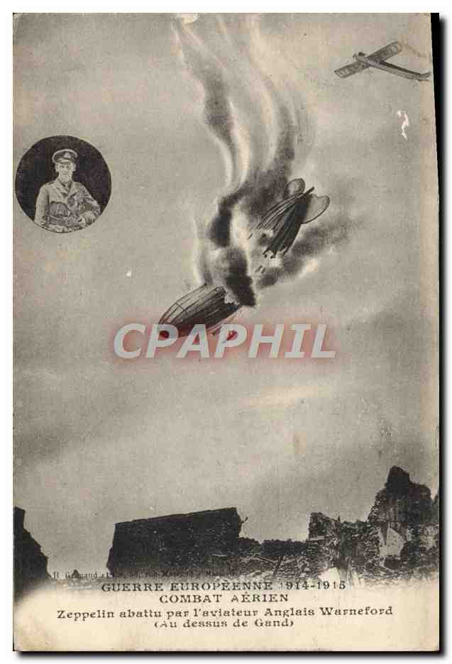 CPA Militaria Combat aerien zeppelin abattu par l'aviateur anglais Warneford au dessus de Gand 