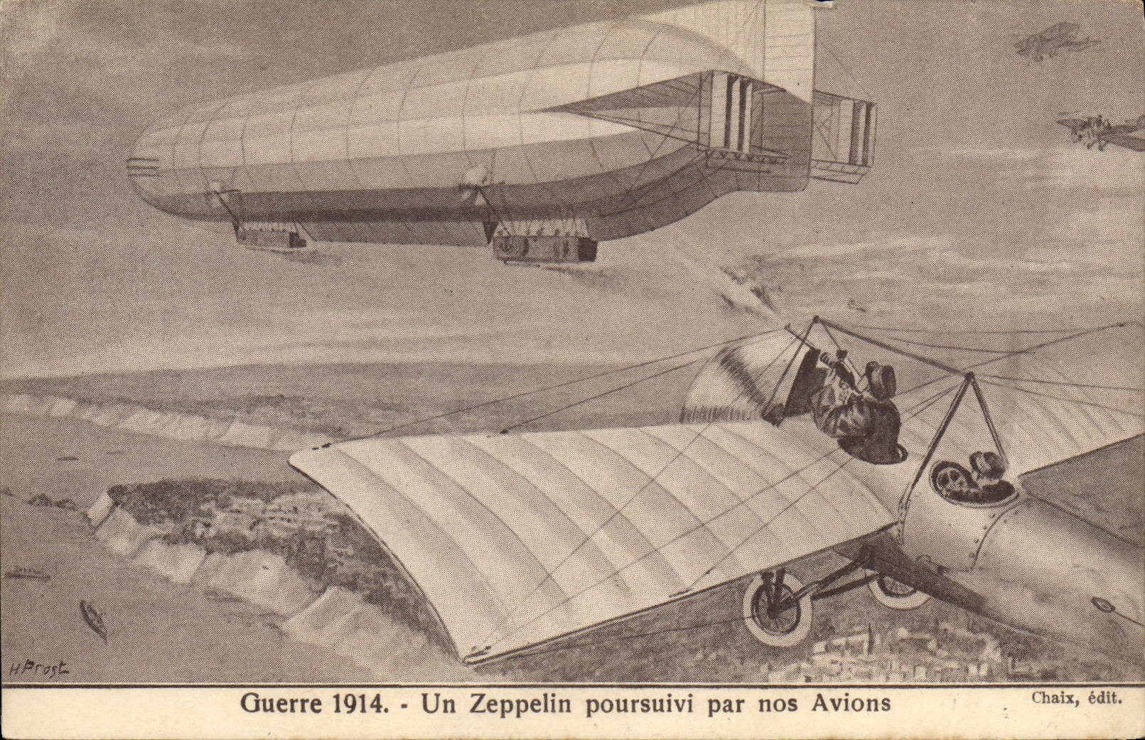 Guerre 1914 - Un Zeppelin poursuivi par nos Avions — H. Prost, Chaix, édit.