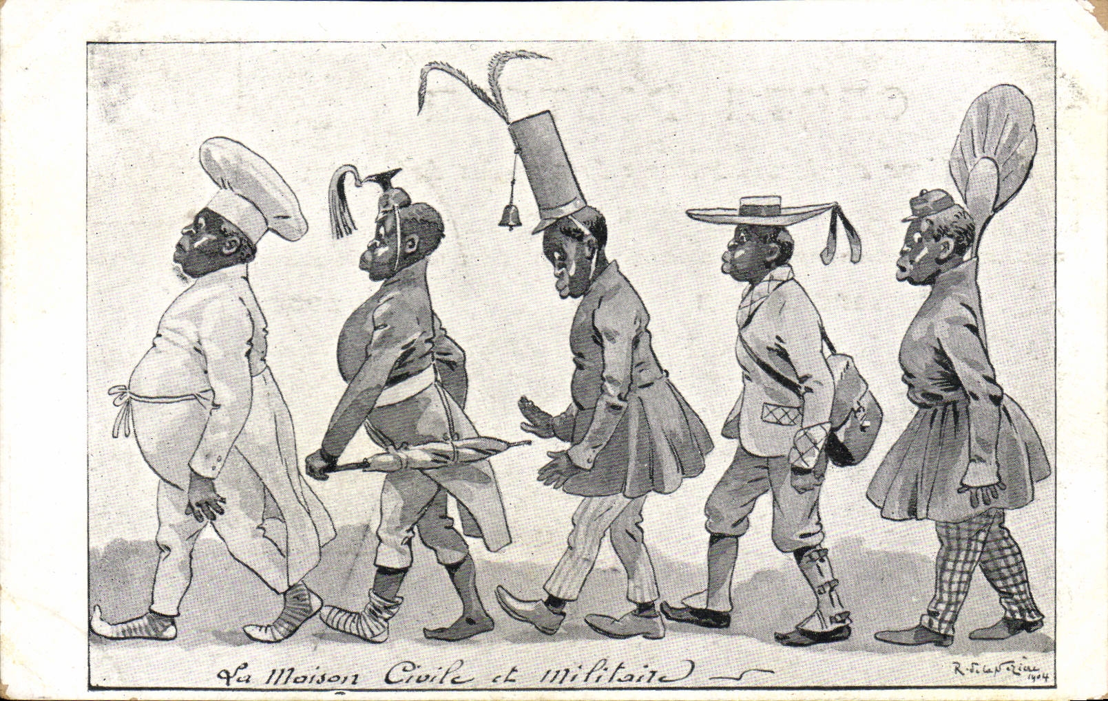 La Maison Civile et Militaire — caricature de cinq hommes en tenues variées — R. Filip Riera 1914