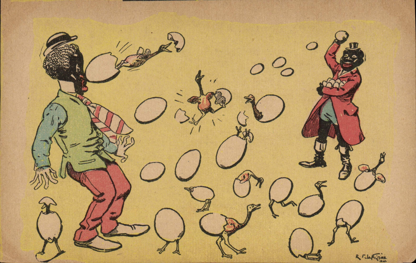 CPA Fantaisie Illustrateur Neziere Negres Oeufs Autruche