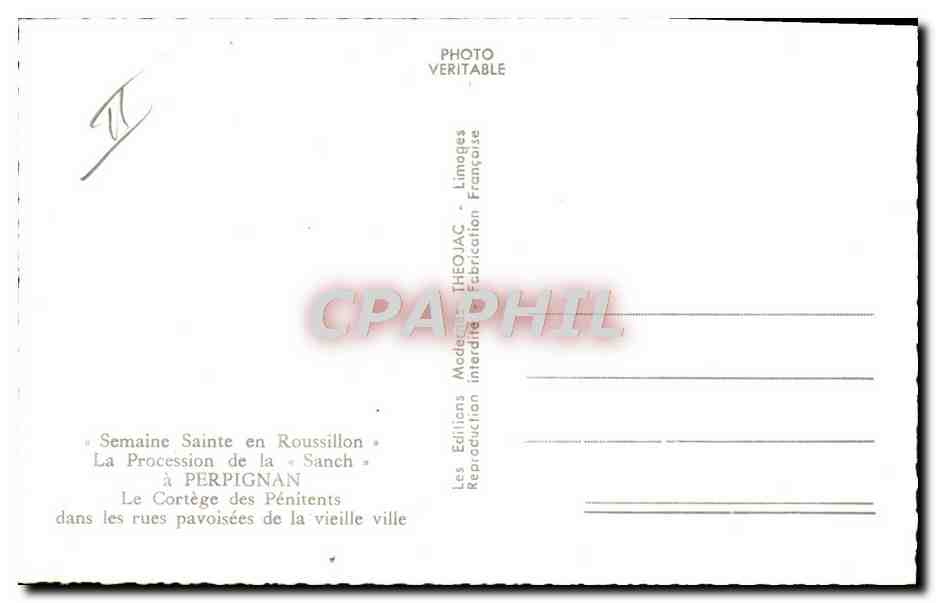 CPM Semainte Sainte en Roussillon La procession de la Sanch a Perpignan Le cortege des penitents  — Rückseite