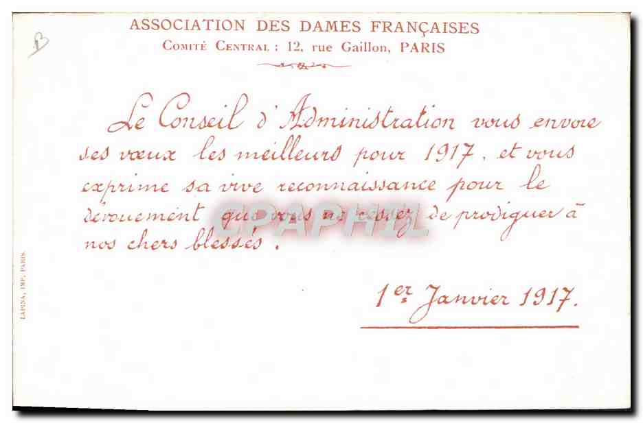 Infirmière de la Croix-Rouge — Association des Dames Françaises — 1917 — Rückseite