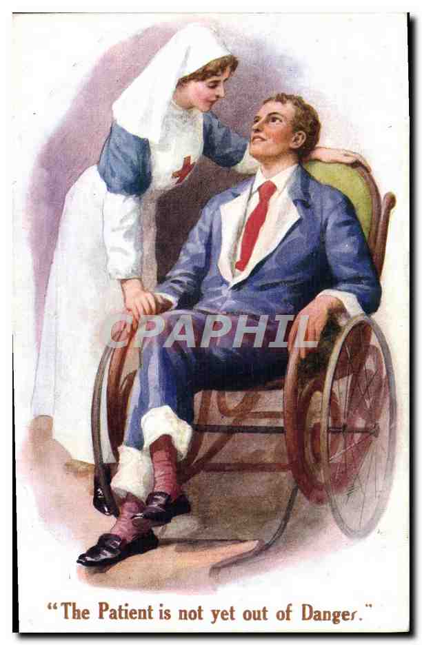 Infirmier en fauteuil roulant — infirmière de la Croix-Rouge — texte imprimé