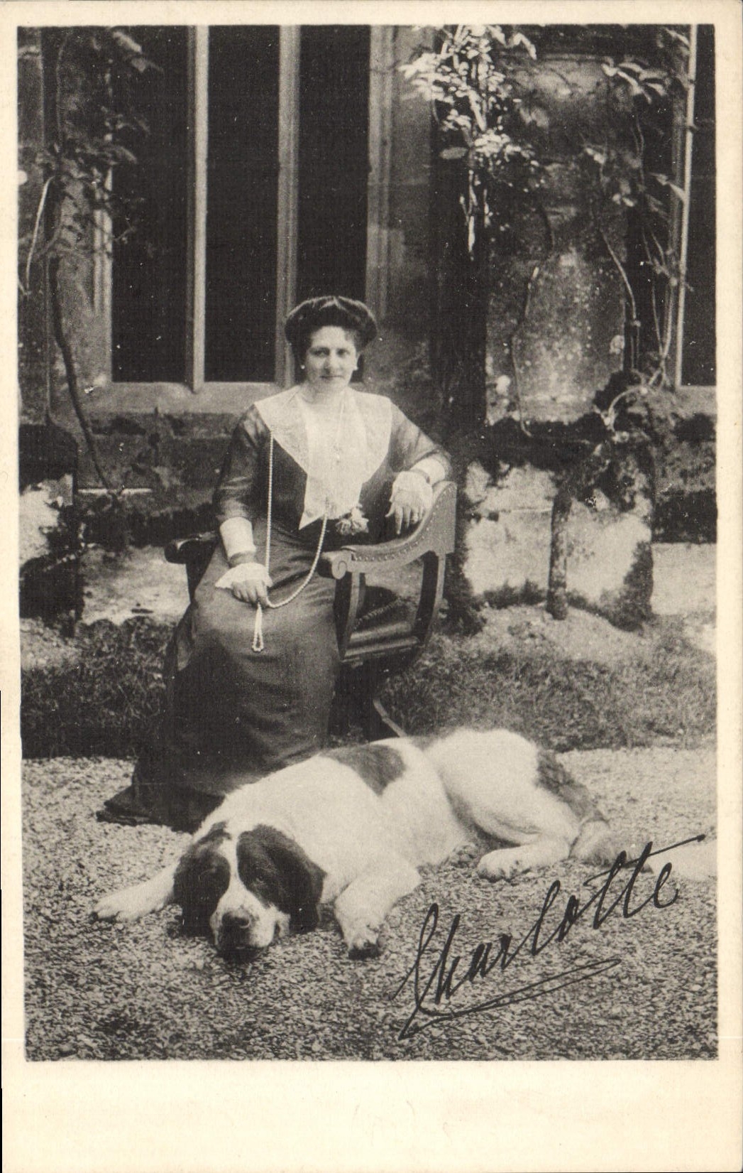 Femme avec chien Saint-Bernard — Charlotte — éditeur Greiner & Pfeiffer, Stuttgart