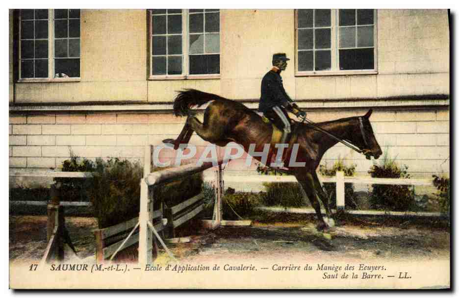 CPA Cheval Hippisme Saumur Ecole d'application de cavalerie Carriere du manege des ecuyers Saut de la barre