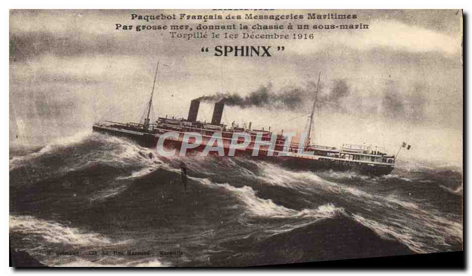 Paquebot Français des Messageries Maritimes — "Sphinx" torpillé le 1er Décembre 1916 — H. Grimaux, 34, Rue Mazan, Marseille