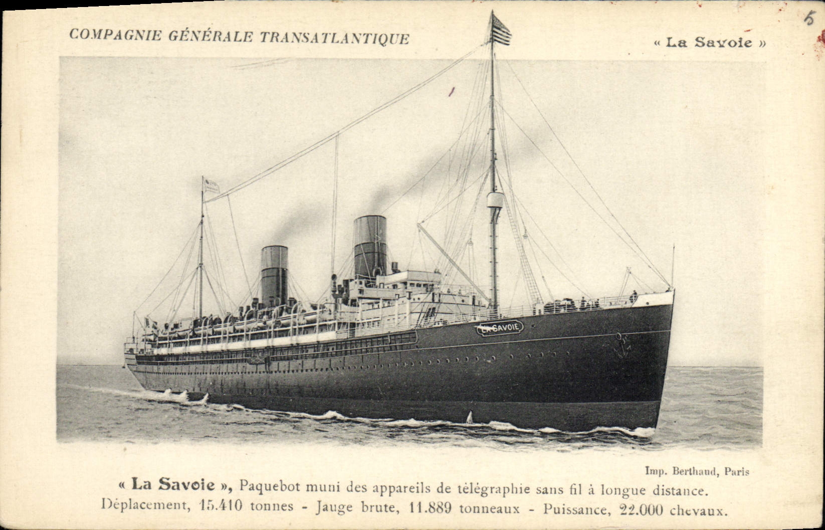 La Savoie — Paquebot de la Compagnie Générale Transatlantique — Imp. Berthaud, Paris
