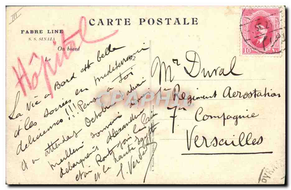 S.S. SINAIA — Navire de la ligne Fabre — Carte postale de bord — Reverso