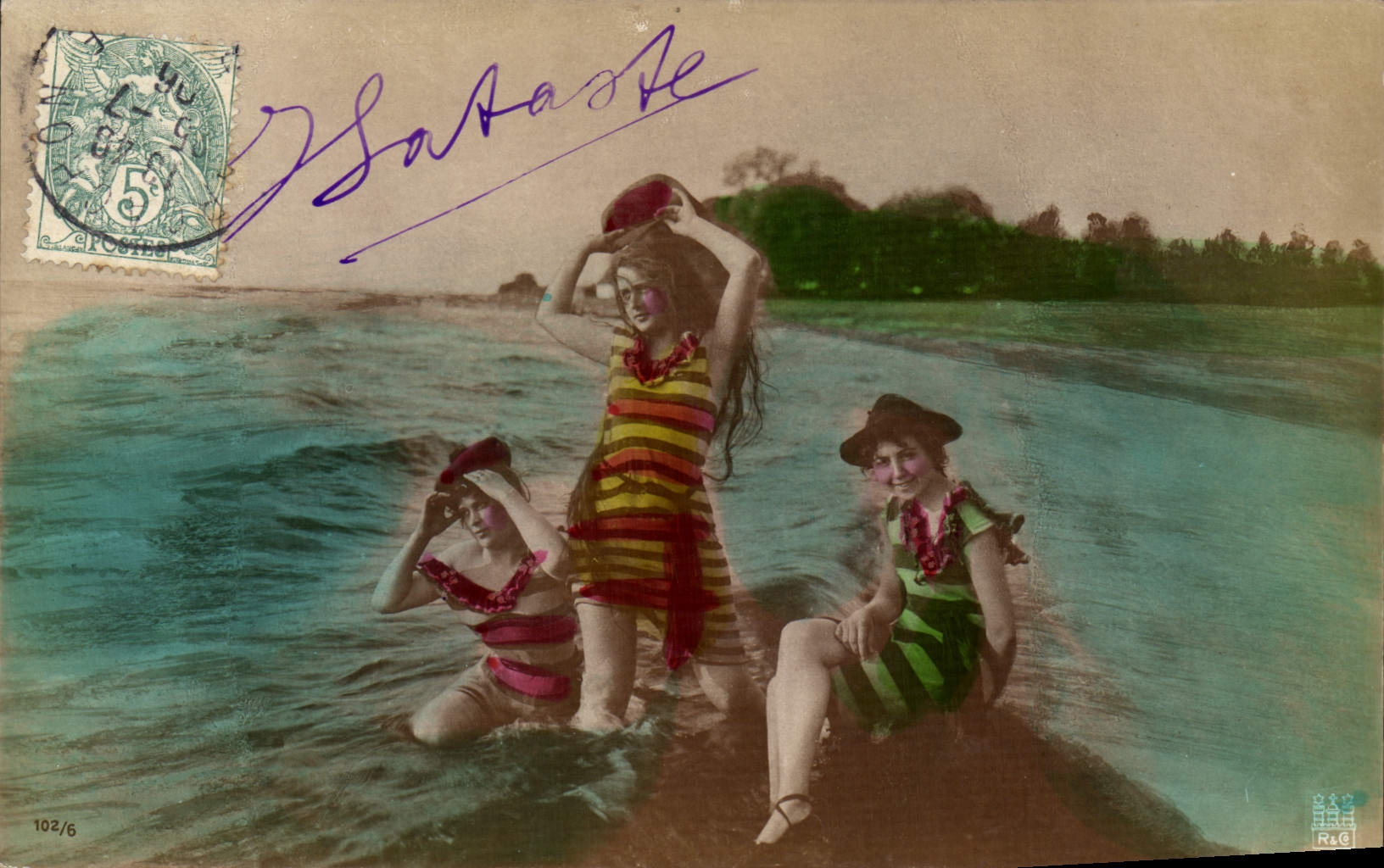 Trois jeunes femmes en maillots de bain — plage — éditeur Oranotypie, n° 102/6
