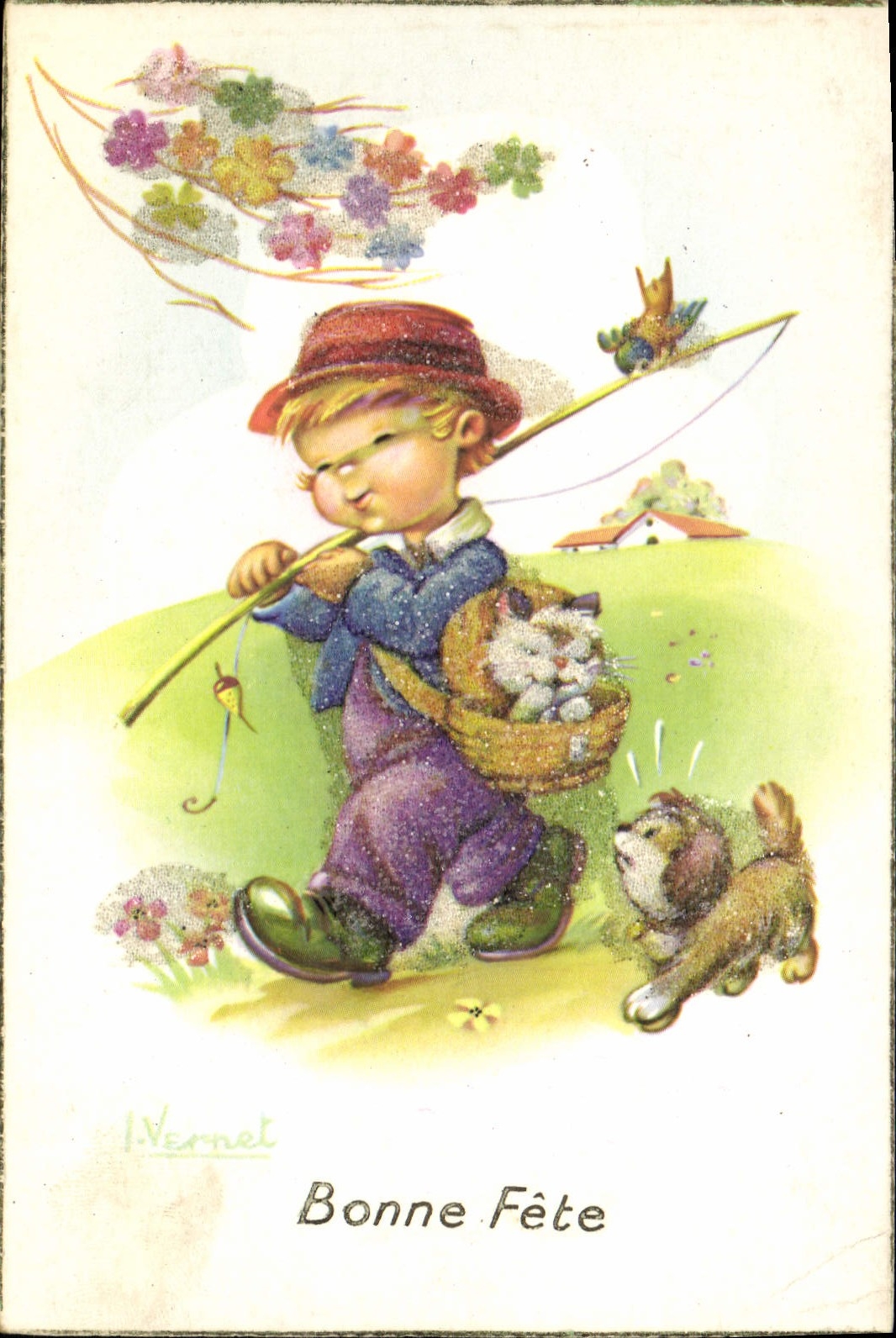 CPA Fantaisie Illustrateur Enfant Peche Pecheur Chien 