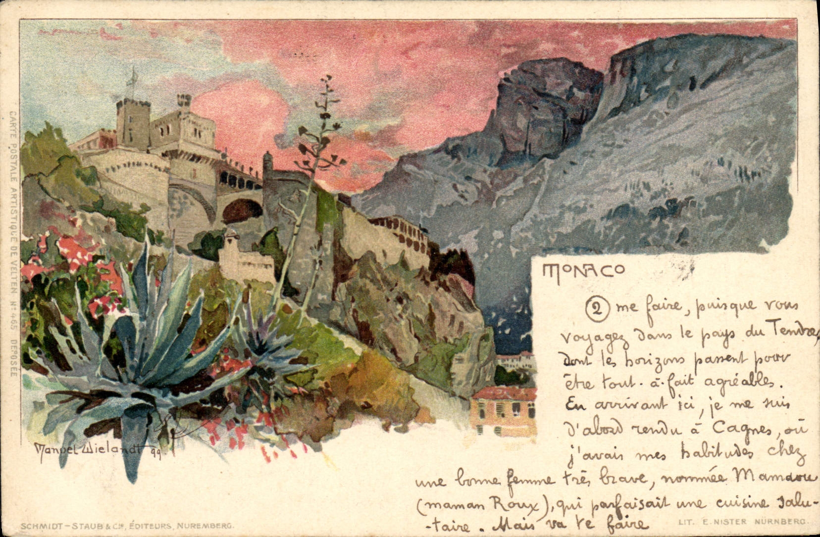 Monaco — vue du château sur les falaises — éditeur Schmidt-Staub, Nuremberg