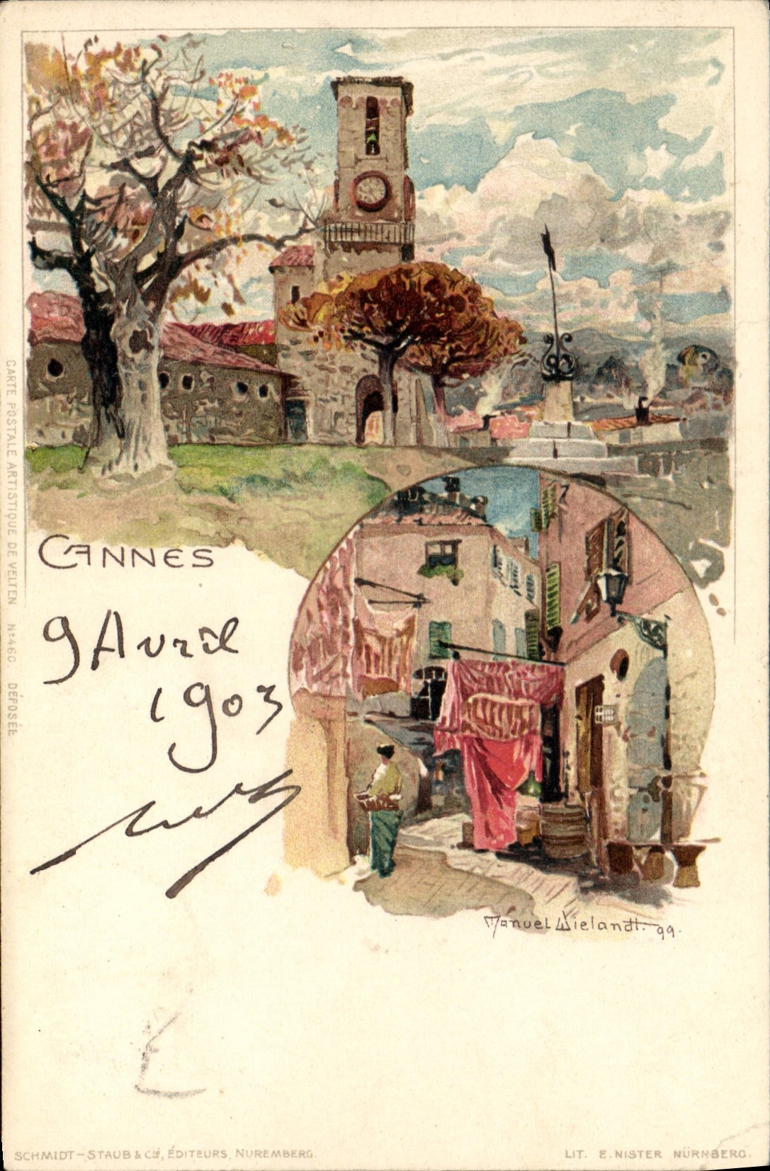 Cannes — vue de la ville avec église et rue — Schmidt-Staub & Cie, éditeurs Nuremberg, n° 460