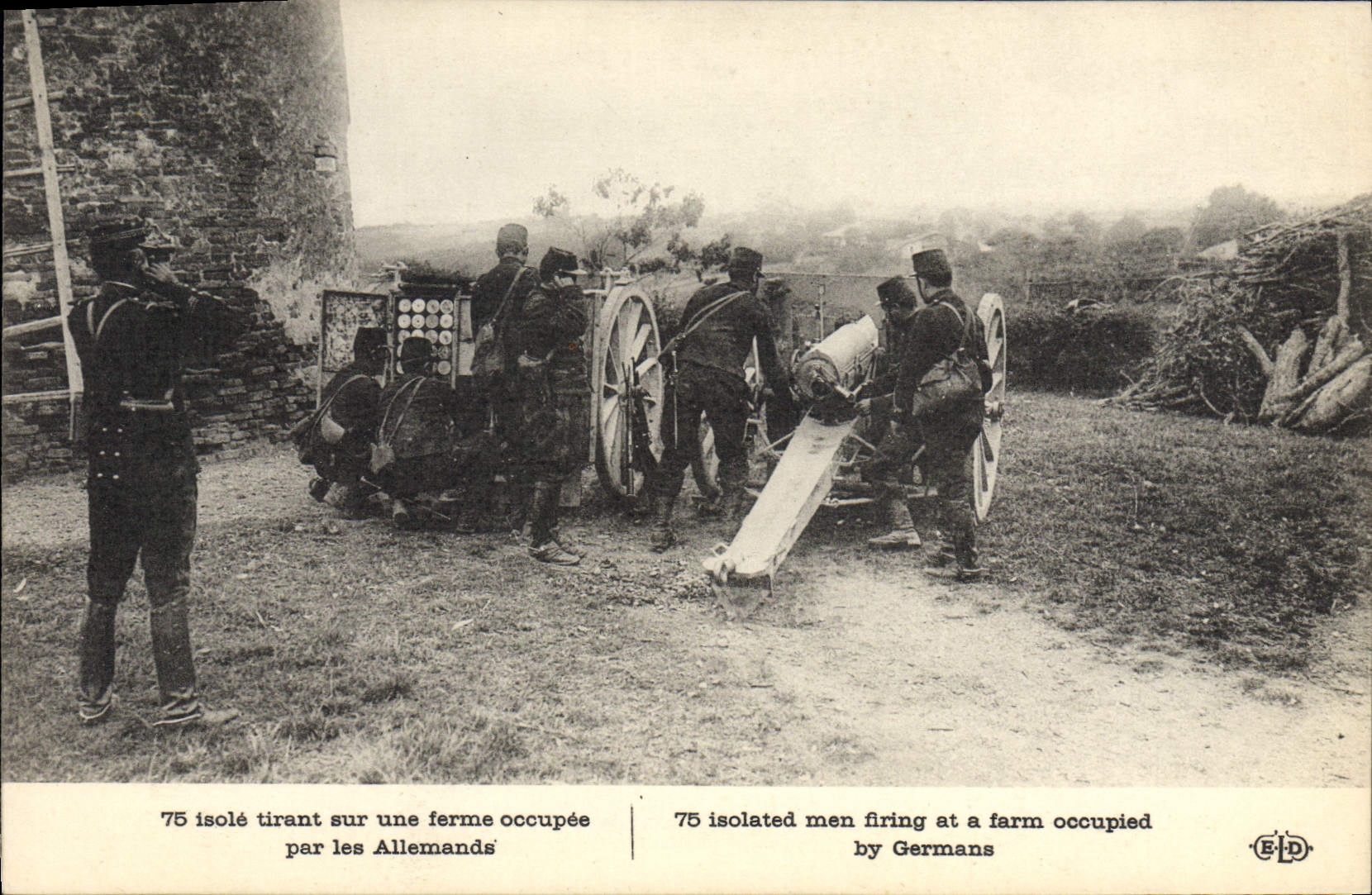 75 isolato che spara su una fattoria occupata dai tedeschi — E.P.D. — numero di serie non visibile