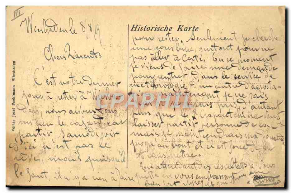 Wiesbaden — Parade de chars devant le Kurhaus — éditeur Josef Poetlmann, n° 3 — Verso